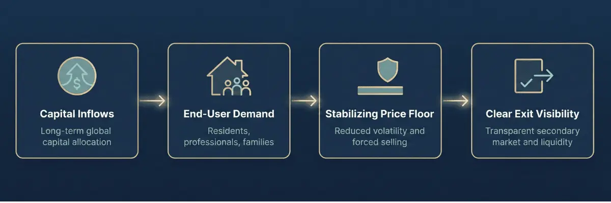 Diagram showing how end user demand supports capital stability and clear exit visibility in Dubais property market.