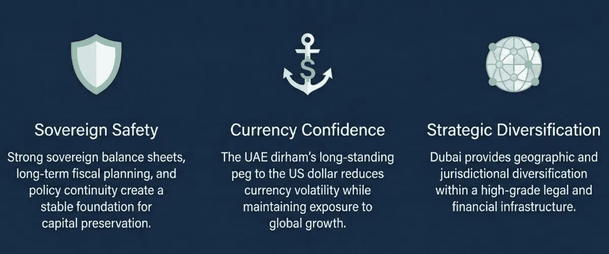 Key drivers of global capital flows into Dubai including sovereign safety currency confidence and strategic diversification.