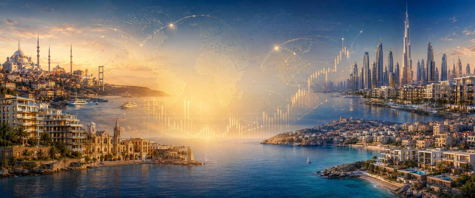 Global real estate investment map for Turkish investors in 2026 showing city silhouettes and data overlays.