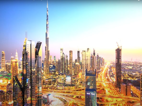 Dubai city skyline featuring Burj Khalifa and modern skyscrapers, ideal for real estate investment