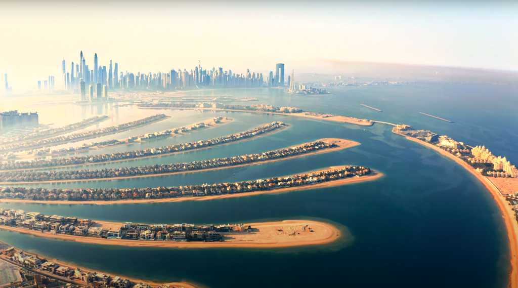 Aerial view of Palm Jumeirah, Dubai, highlighting luxury villas and unique architecture