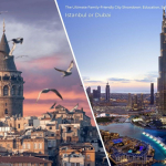 A captivating comparison of Istanbul's iconic Galata Tower and Dubai's towering Burj Khalifa, representing the cultural and modern essence of both cities.