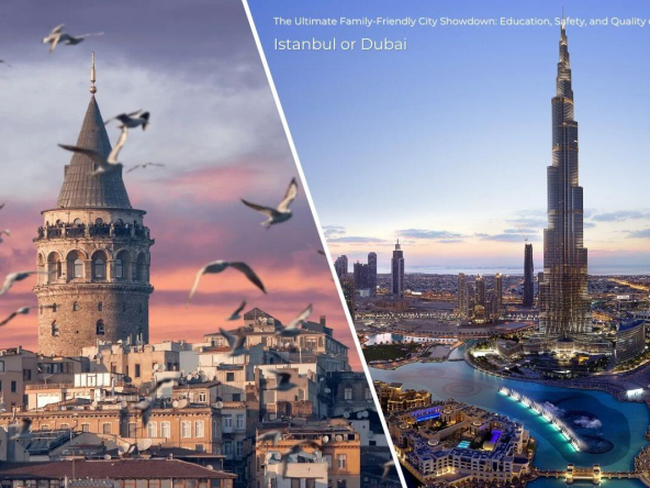 A captivating comparison of Istanbul's iconic Galata Tower and Dubai's towering Burj Khalifa, representing the cultural and modern essence of both cities.