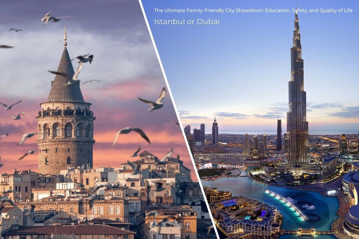 A captivating comparison of Istanbul's iconic Galata Tower and Dubai's towering Burj Khalifa, representing the cultural and modern essence of both cities.