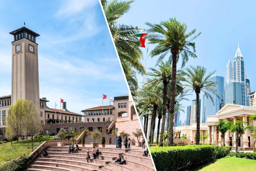 A side-by-side view of Istanbul and Dubai universities, showcasing diverse educational opportunities and global perspectives in both cities.