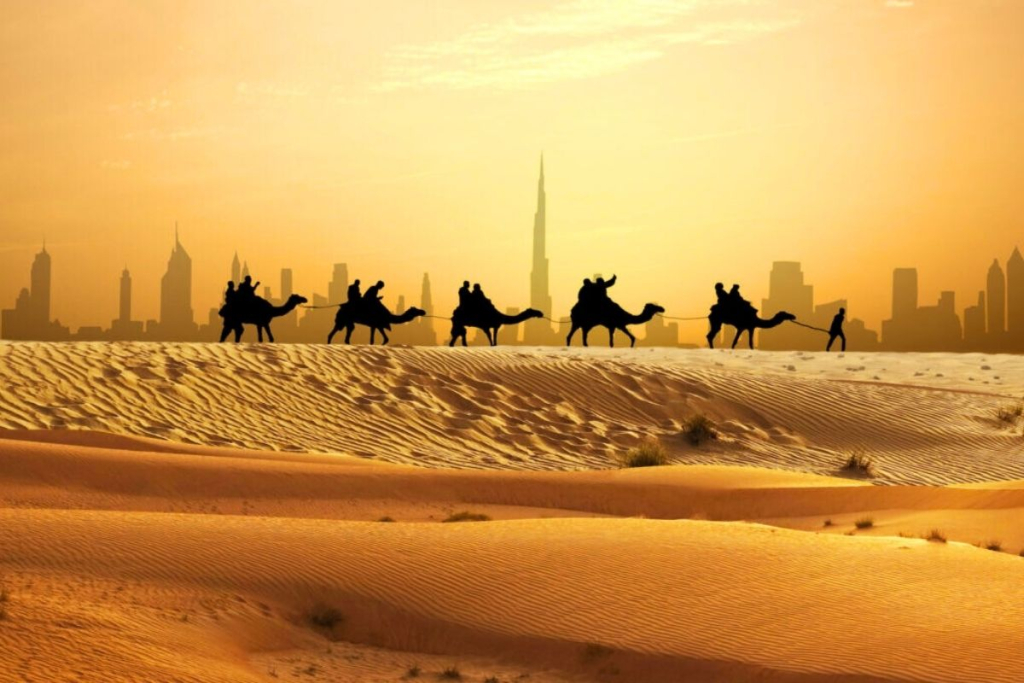 A vast expanse of golden sand dunes in Dubai, reflecting the beauty and intensity of the desert landscape.