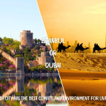 A side-by-side comparison of Istanbul's seasonal climate and Dubai's desert climate, showcasing their distinct environmental contrasts.