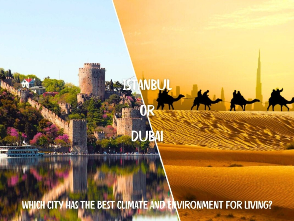 A side-by-side comparison of Istanbul's seasonal climate and Dubai's desert climate, showcasing their distinct environmental contrasts.