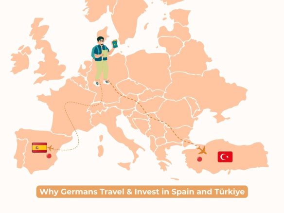 Map showing german travelers flying to spain and türkiye for vacation and real estate investment in 2024