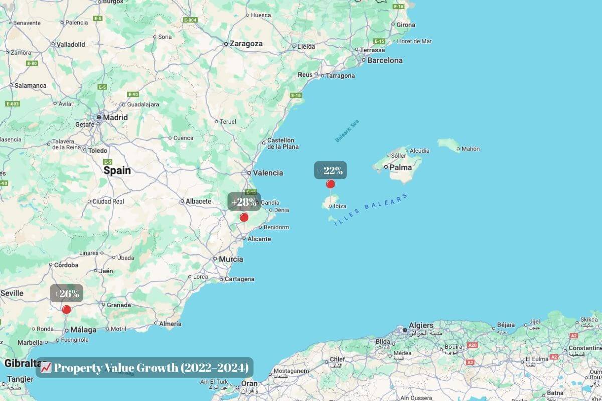 Regional property value increase map for spain between 2022 and 2024.