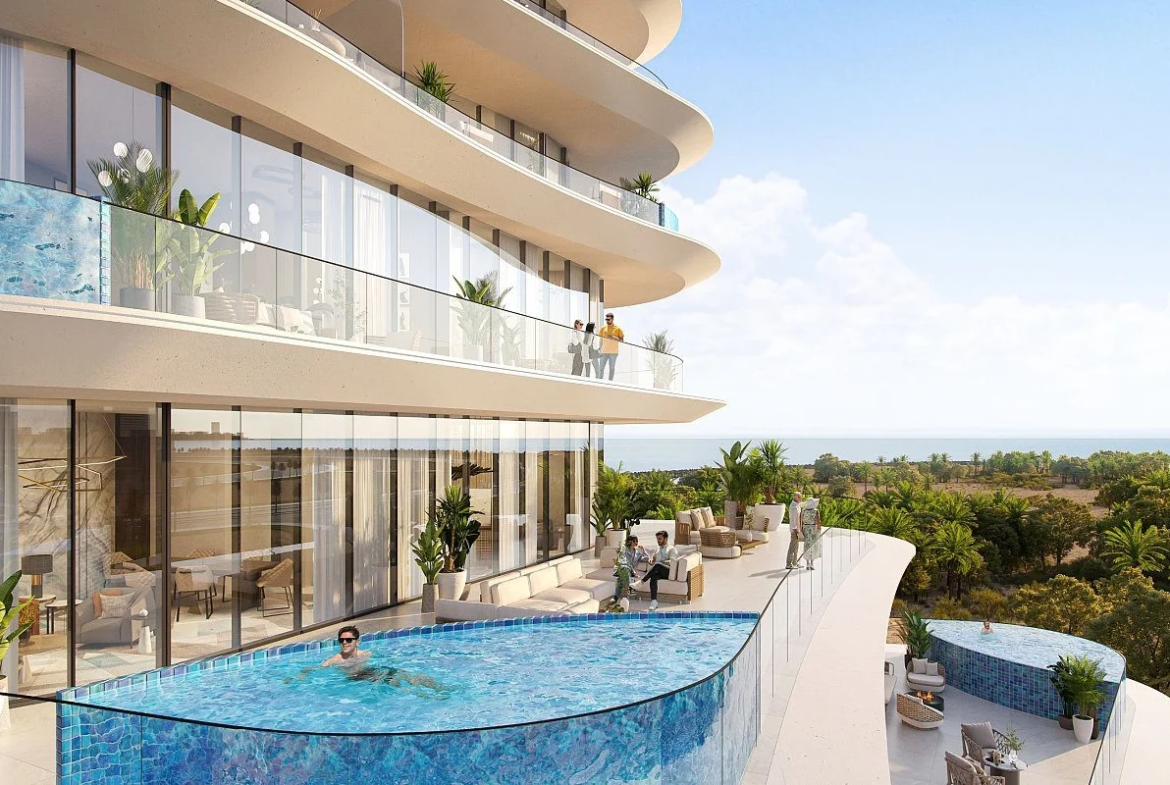 Exterior view of Pelagia residences on Al Marjan Island in Ras Al Khaimah showcasing modern design