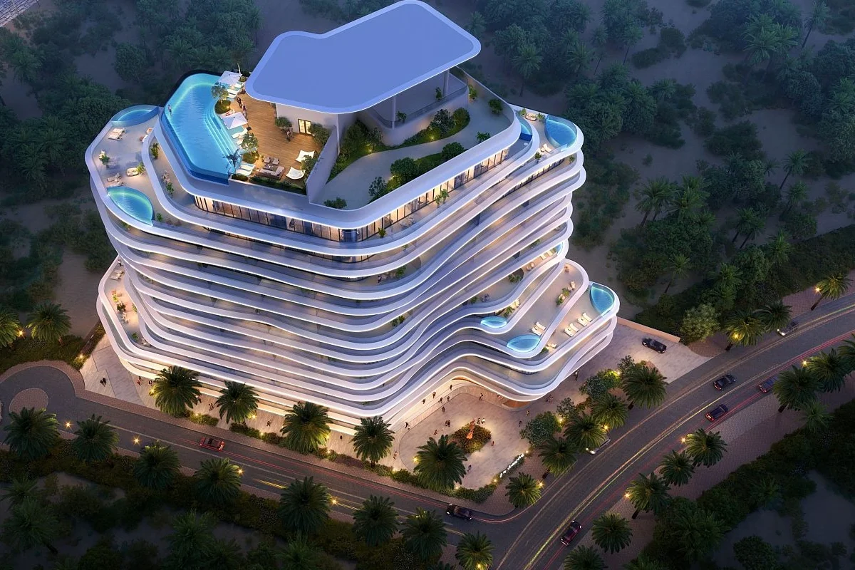 Exterior view of Pelagia residences on Al Marjan Island in Ras Al Khaimah showcasing modern design