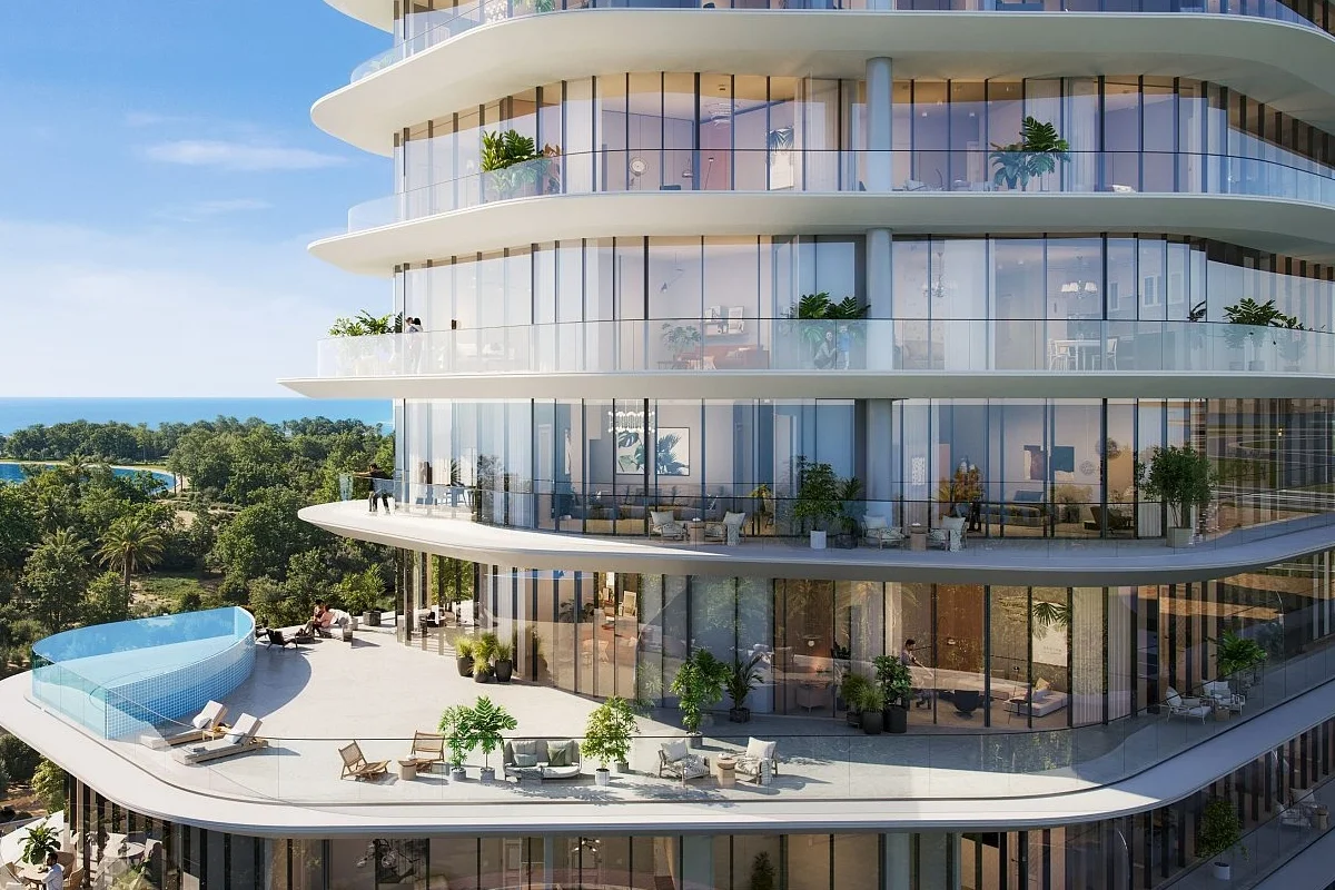 Exterior view of Pelagia residences on Al Marjan Island in Ras Al Khaimah showcasing modern design