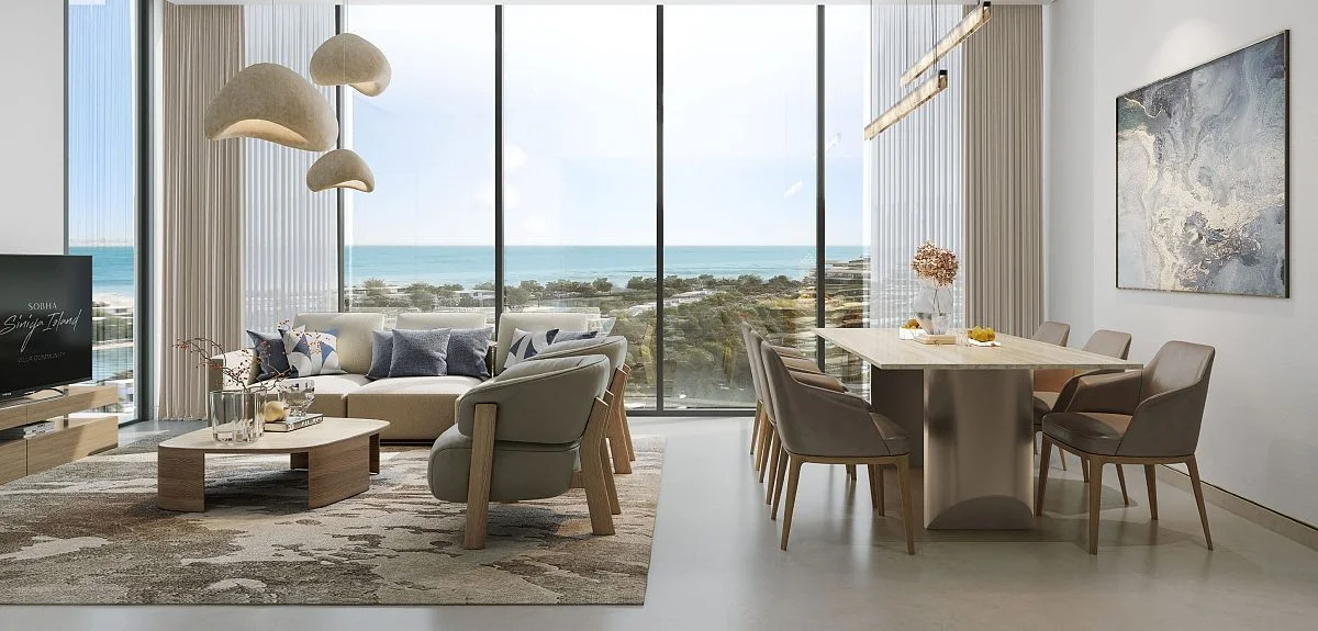 Bright and spacious living room interior at Sobha Florine Beach Residence Umm Al Quwain