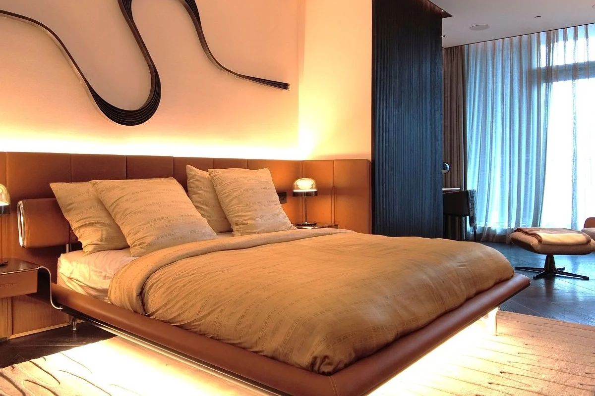 Interior space at Da Vinci Tower Business Bay featuring bespoke details inspired by Pagani craftsmanship