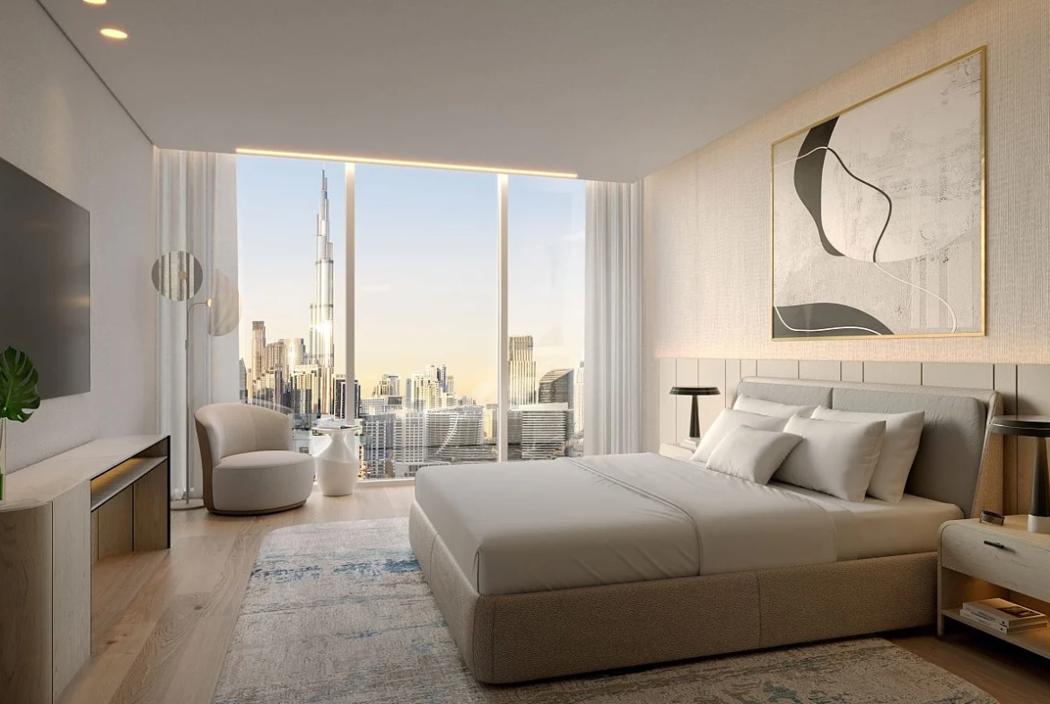 Interior living space at DG1 Tower Business Bay featuring clean lines, natural light, and contemporary finishes