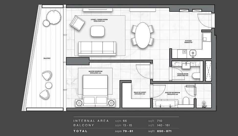 Floor plan of an apartment in DG1 Tower Business Bay illustrating efficient layout and livable proportions
