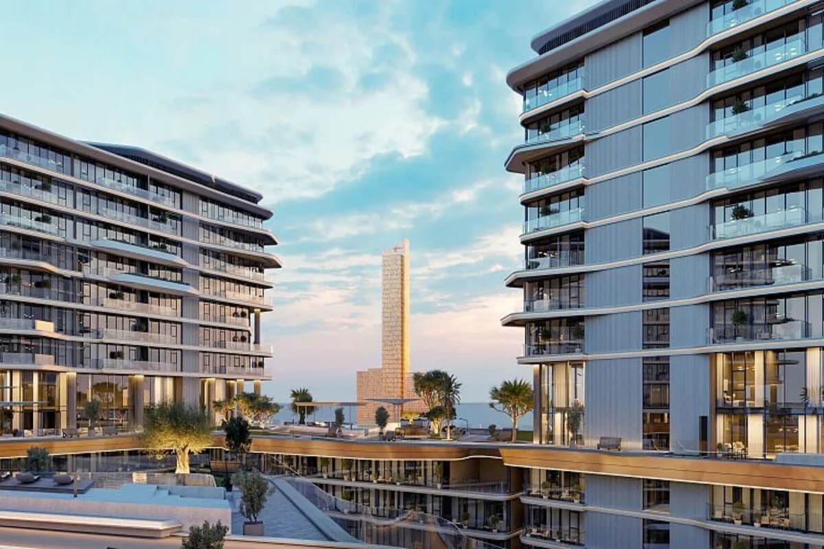 Exterior view of Costa Mare residences on Al Marjan Island in Ras Al Khaimah featuring modern architecture