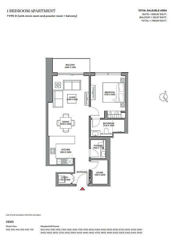 Apartment floor plan of 330 Riverside Crescent Dubai Meydan showing efficient layout and practical living spaces