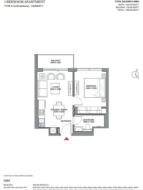 Apartment floor plan of 330 Riverside Crescent Dubai Meydan showing efficient layout and practical living spaces
