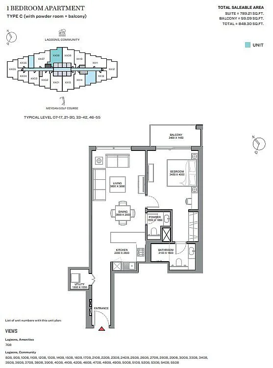 Apartment floor plan of 330 Riverside Crescent Dubai Meydan showing efficient layout and practical living spaces