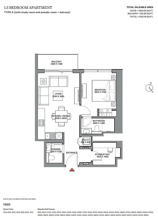 Apartment floor plan of 330 Riverside Crescent Dubai Meydan showing efficient layout and practical living spaces