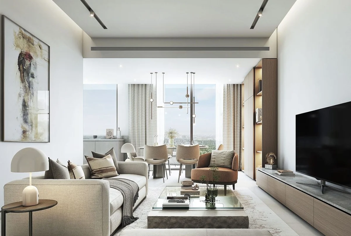 Interior living space at 330 Riverside Crescent Dubai Meydan featuring natural light and refined contemporary finishes