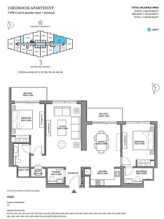 Apartment floor plan of 330 Riverside Crescent Dubai Meydan showing efficient layout and practical living spaces