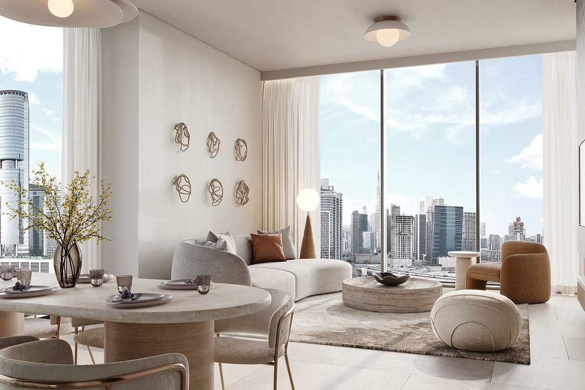 Interior living space at One River Point Business Bay with natural light and modern finishes