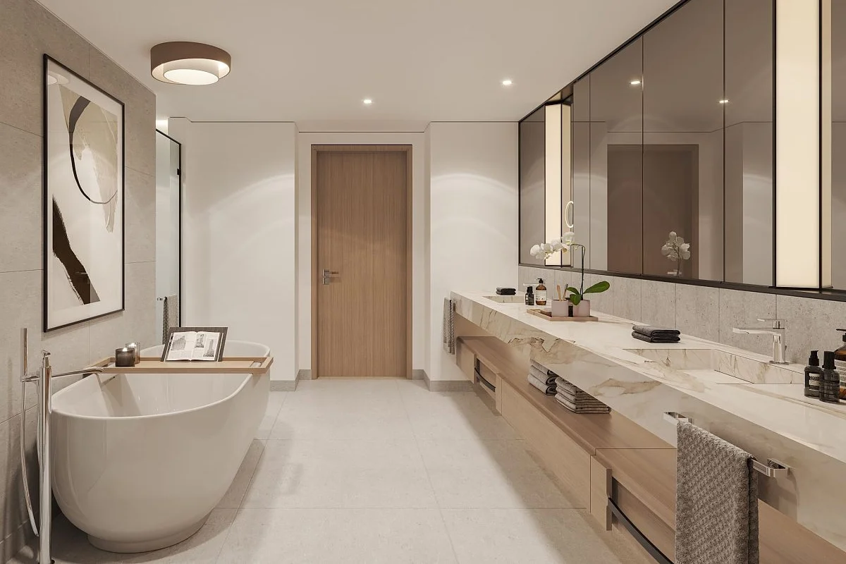 Interior living space at One River Point Business Bay with natural light and modern finishes