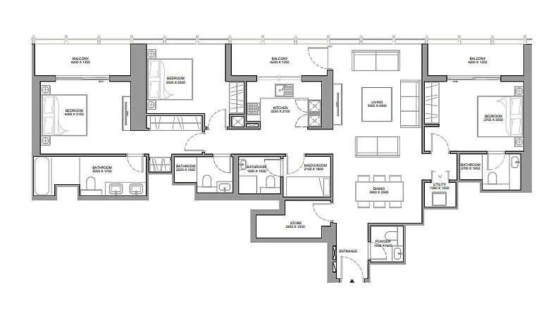 Apartment floor plan of The Element at Sobha One Nad Al Sheba 1 showing balanced layout and practical space flow