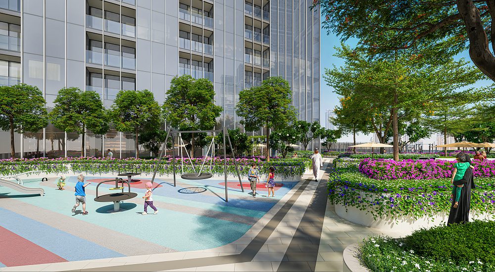 Exterior view of The Element at Sobha One Nad Al Sheba 1 highlighting contemporary architecture and landscaped surroundings