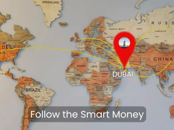 Global capital and real estate investments flowing toward dubai’s skyline with burj khalifa at the center.