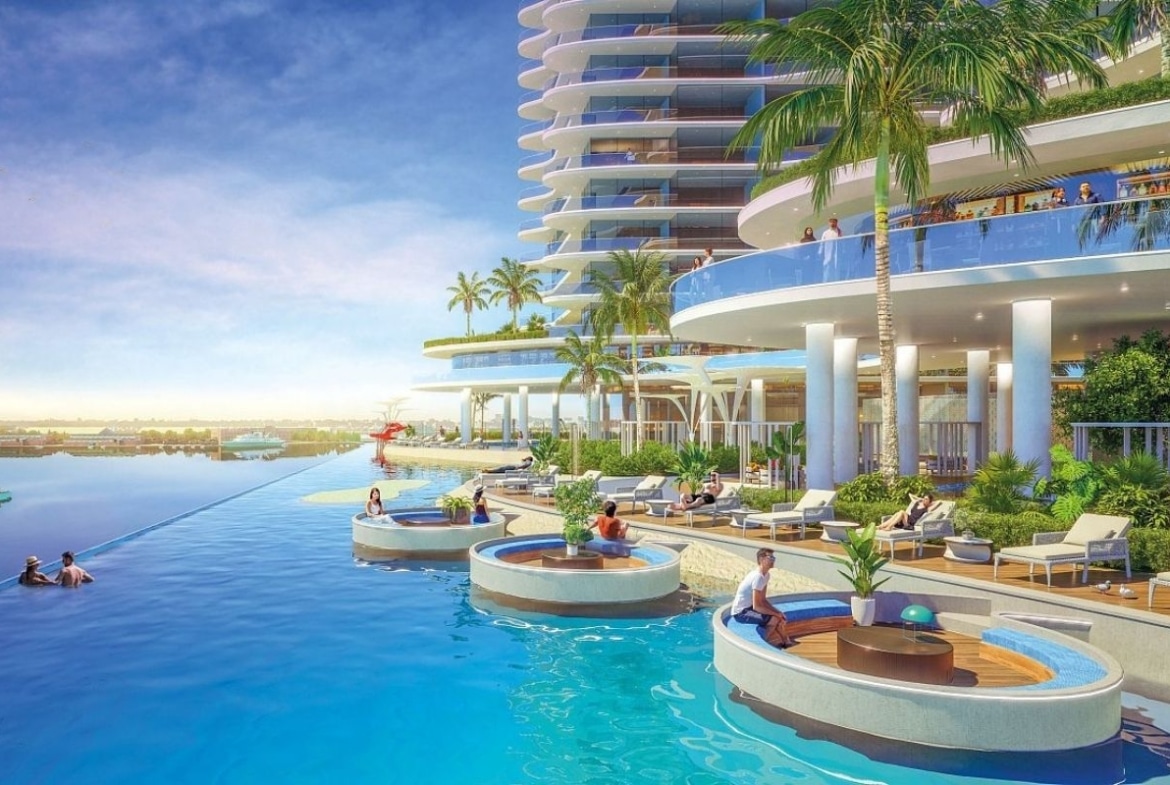 Infinity pool with stunning sea views at Oceanz by Danube, offering a premium Dubai waterfront lifestyle.