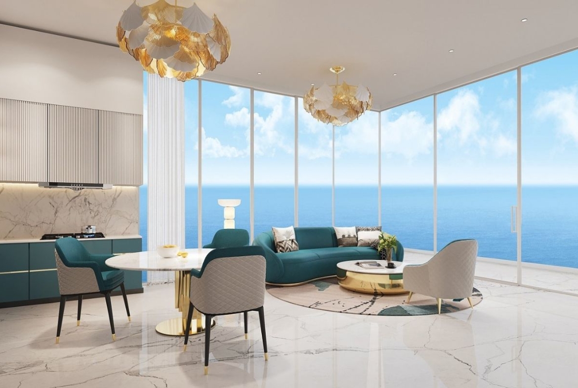 Luxury living room with Italian interior design by Tonino Lamborghini Casa at Oceanz by Danube apartments.