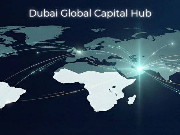 Dubai positioned as a global capital hub connecting east and west within the international financial system.