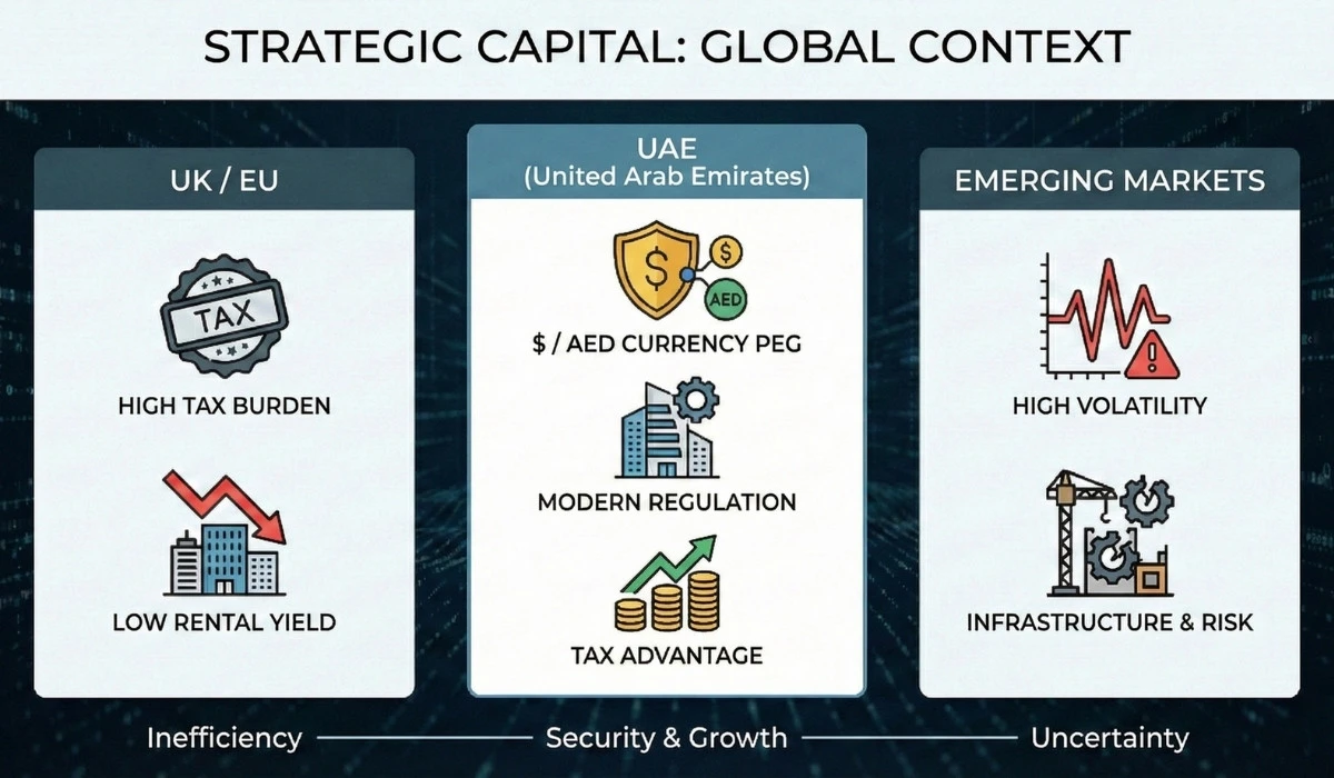 Comparative view of dubai and traditional european investment cities