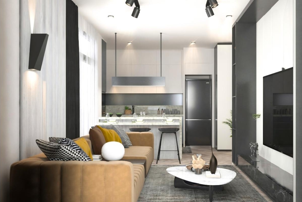 modern apartment interior in Mersin Erdemli with open plan kitchen and bright living area