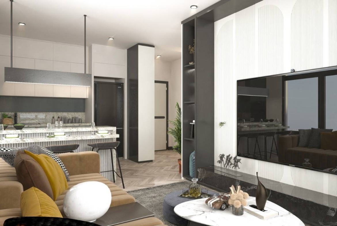 modern apartment interior in Mersin Erdemli with open plan kitchen and bright living area