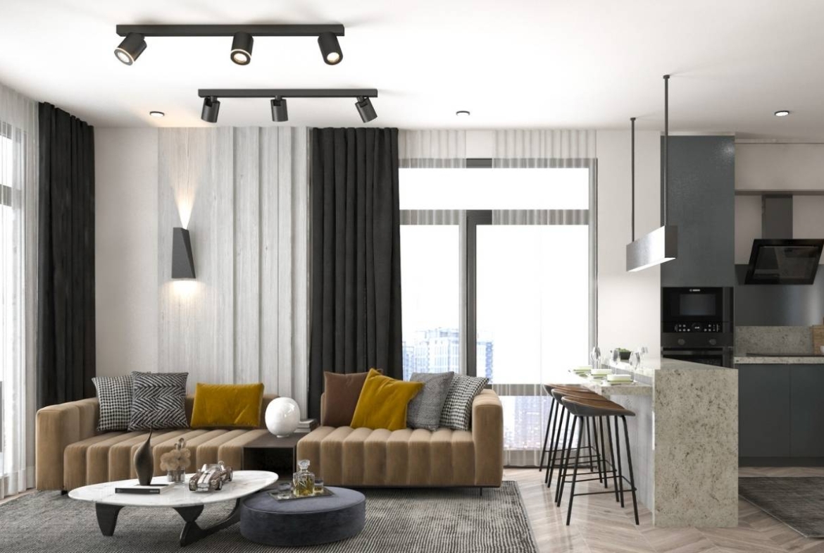 modern apartment interior in Mersin Erdemli with open plan kitchen and bright living area