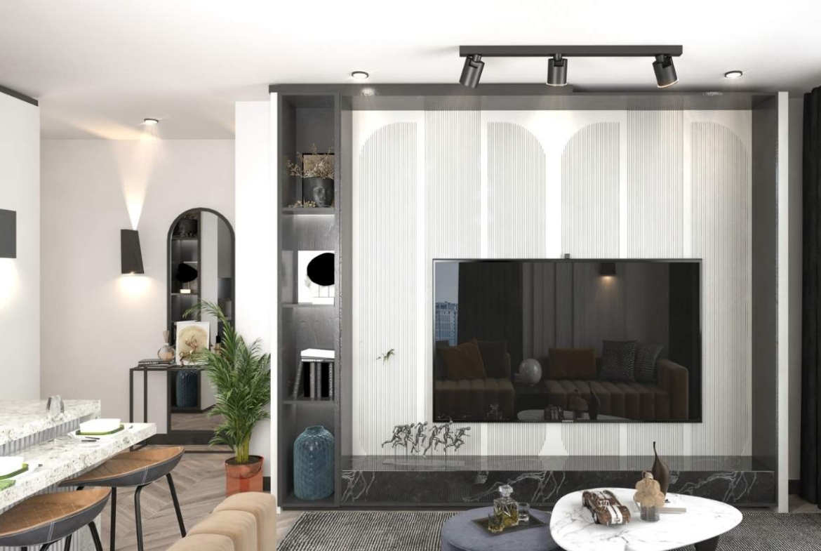 modern apartment interior in Mersin Erdemli with open plan kitchen and bright living area