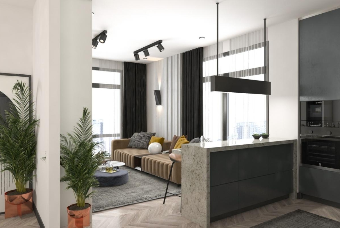 modern apartment interior in Mersin Erdemli with open plan kitchen and bright living area