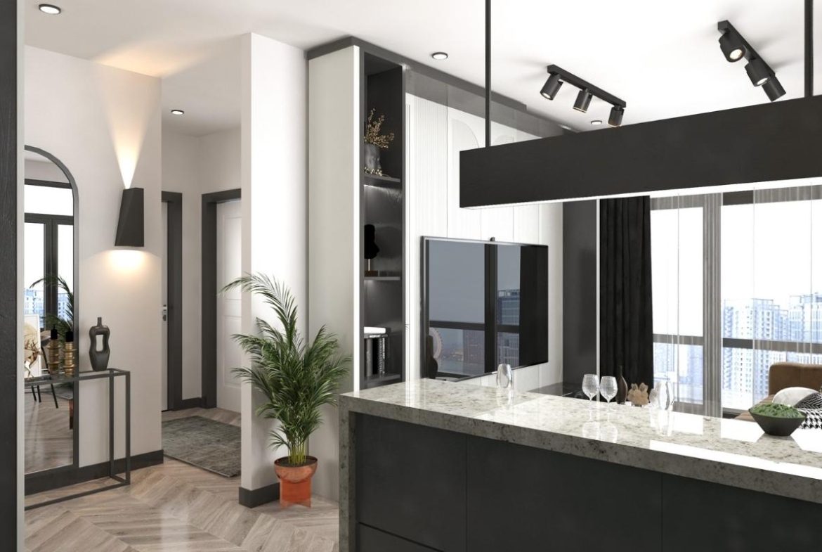 modern apartment interior in Mersin Erdemli with open plan kitchen and bright living area