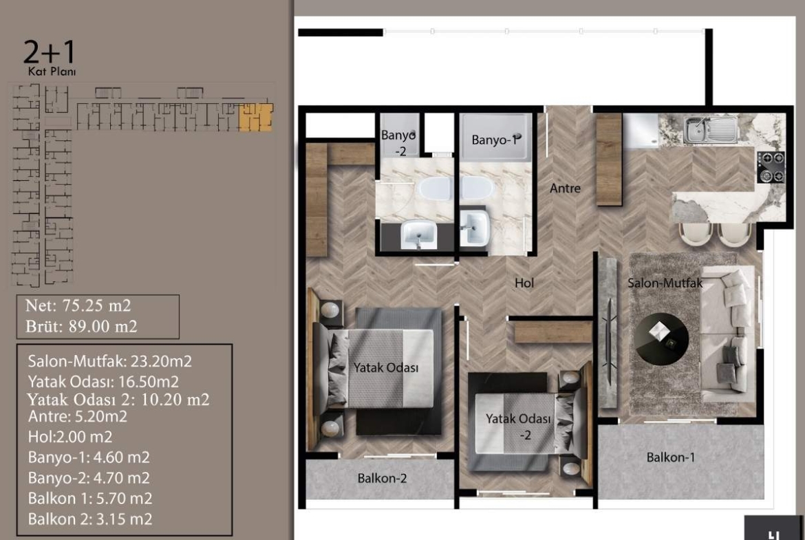 floor plan of investment apartment for sale in Mersin Erdemli Türkiye