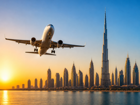 Dubai flights resumed skyline airplane sunset