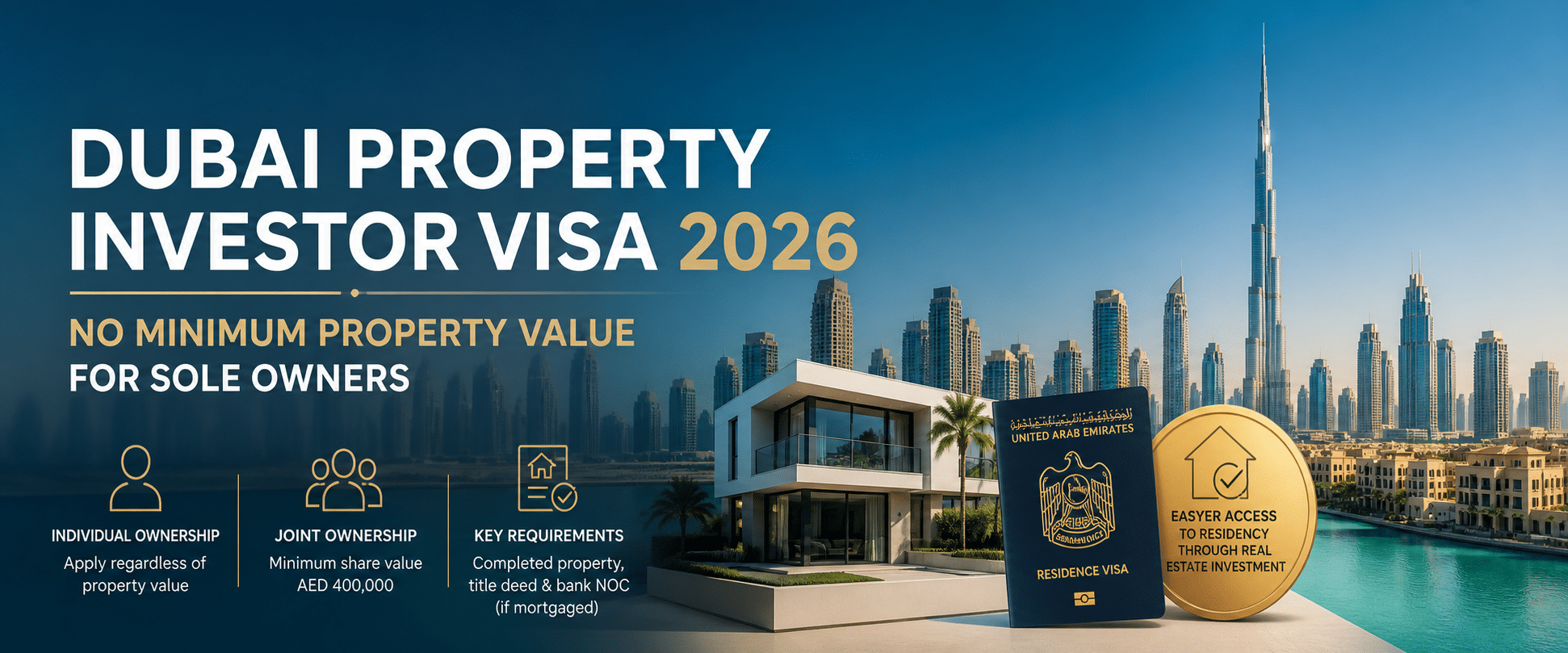 Dubai Property Investor Visa 2026: No Minimum Property Value For Sole Owners Dubai skyline with burj khalifa and luxury villa representing 2026 property investor visa update with no minimum investment requirement for sole owners
