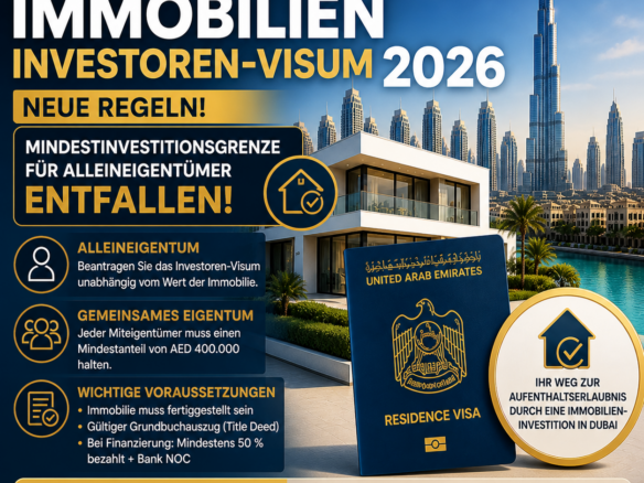 Dubai property investor visa 2026 update showing no minimum investment requirement for sole owners with skyline and luxury villa