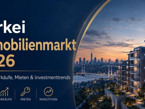 Analyse des Immobilienmarkts in der Türkei 2026 mit modernen Wohngebäuden, Stadtsilhouette und Konzept für Immobilieninvestitionsdaten.