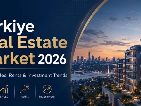 Türkiye real estate market 2026 analysis with modern residential buildings, city skyline and property investment data concept