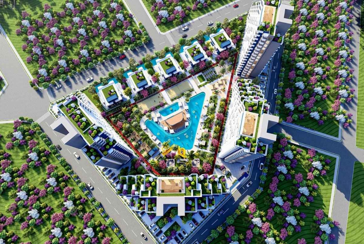 apartments for sale in Mersin Tömük near the sea with aquapark outdoor pool sports areas and resort concept facilities